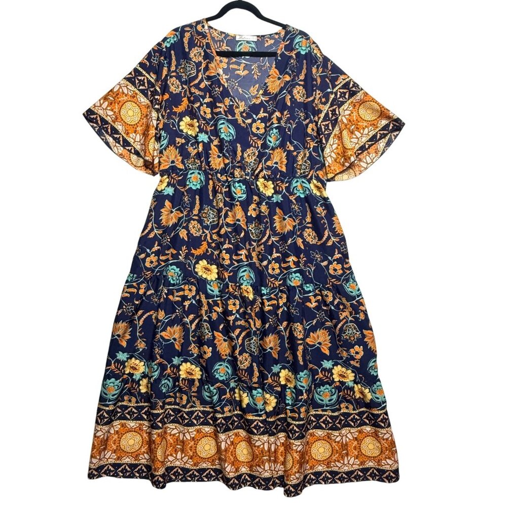 Keluummi Maxi Dress Womens 22 Blue Yellow Boho Floral Print Tiered Short Sleeve